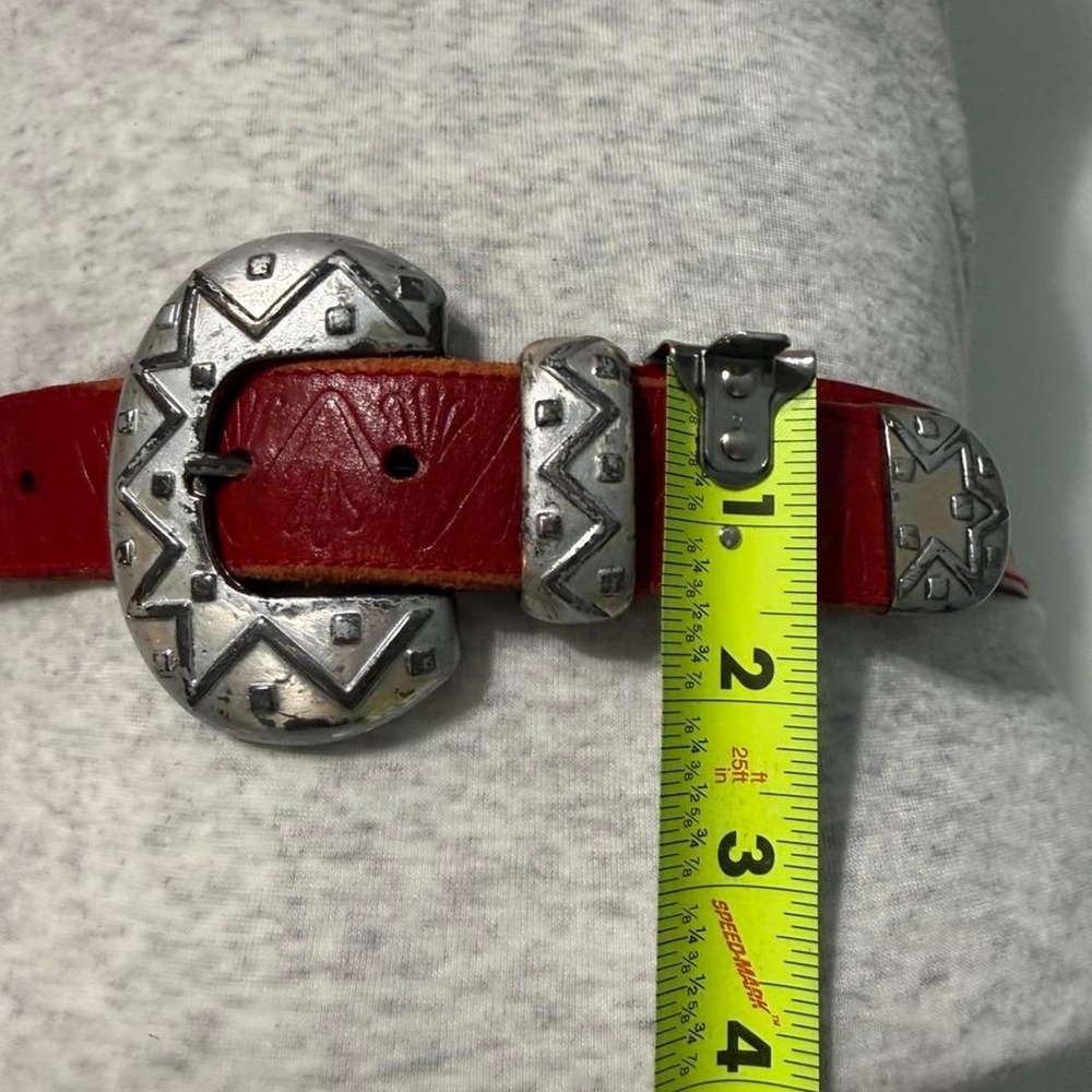 Vintage Tony Barcelo Red Leather Western Belt Silver Tone Southwestern Buckle